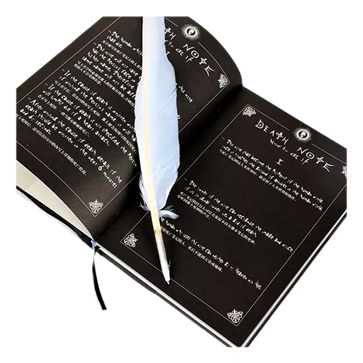 Libreta Death Note negra con pluma blanca y texto en páginas.