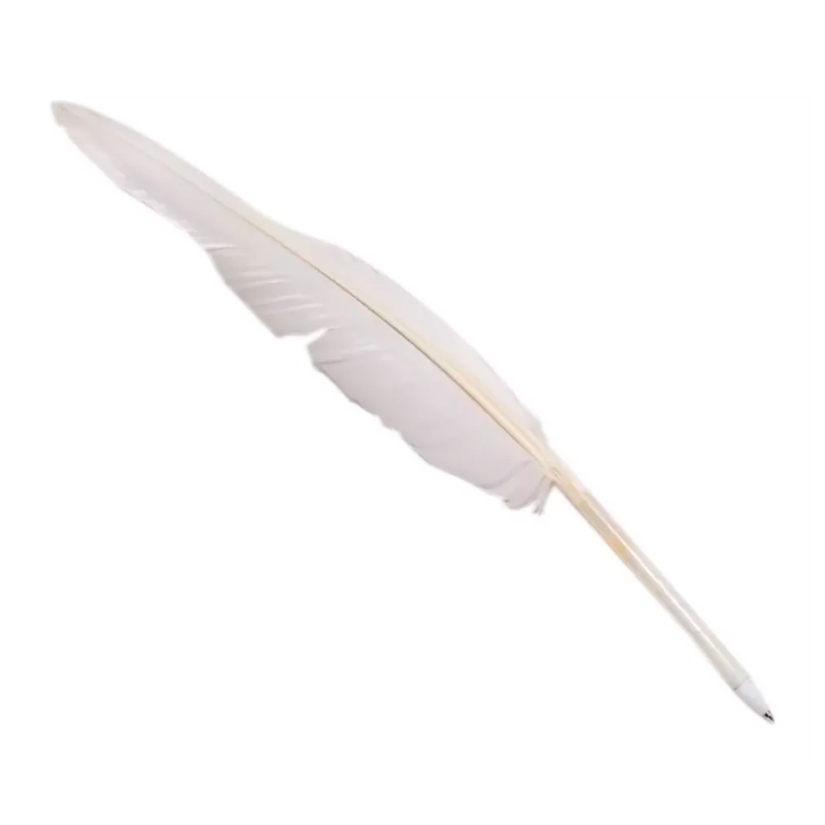 Pluma blanca estilizada, con punta de bolígrafo plateada, ideal para escribir o decorar con un toque elegante.
