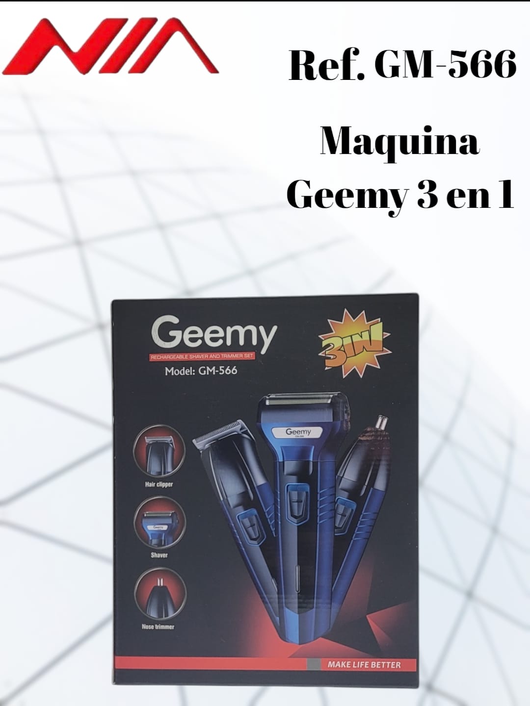 Máquina Geemy Gm-566 azul recargable 3 en 1 para barba, nariz y cabello.