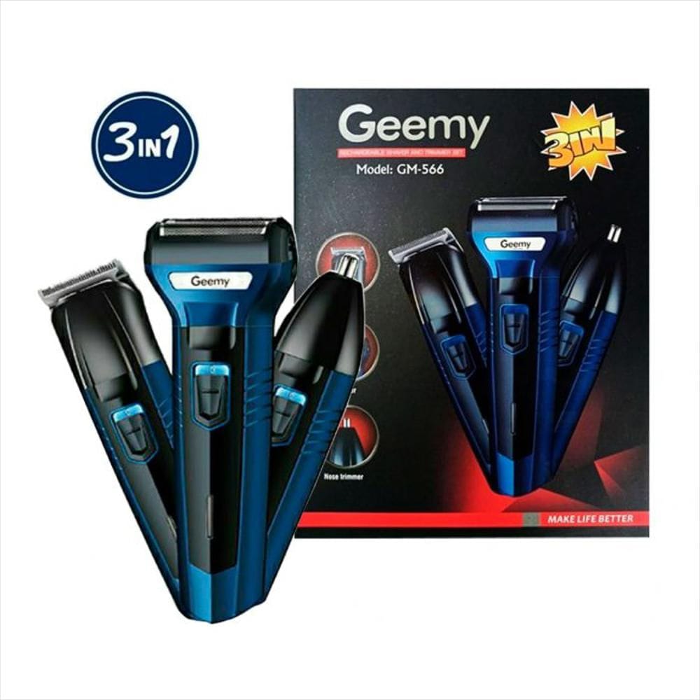 Máquina Geemy 3 en 1 GM-566 azul y negra, con 3 cabezales de afeitado y recorte.
