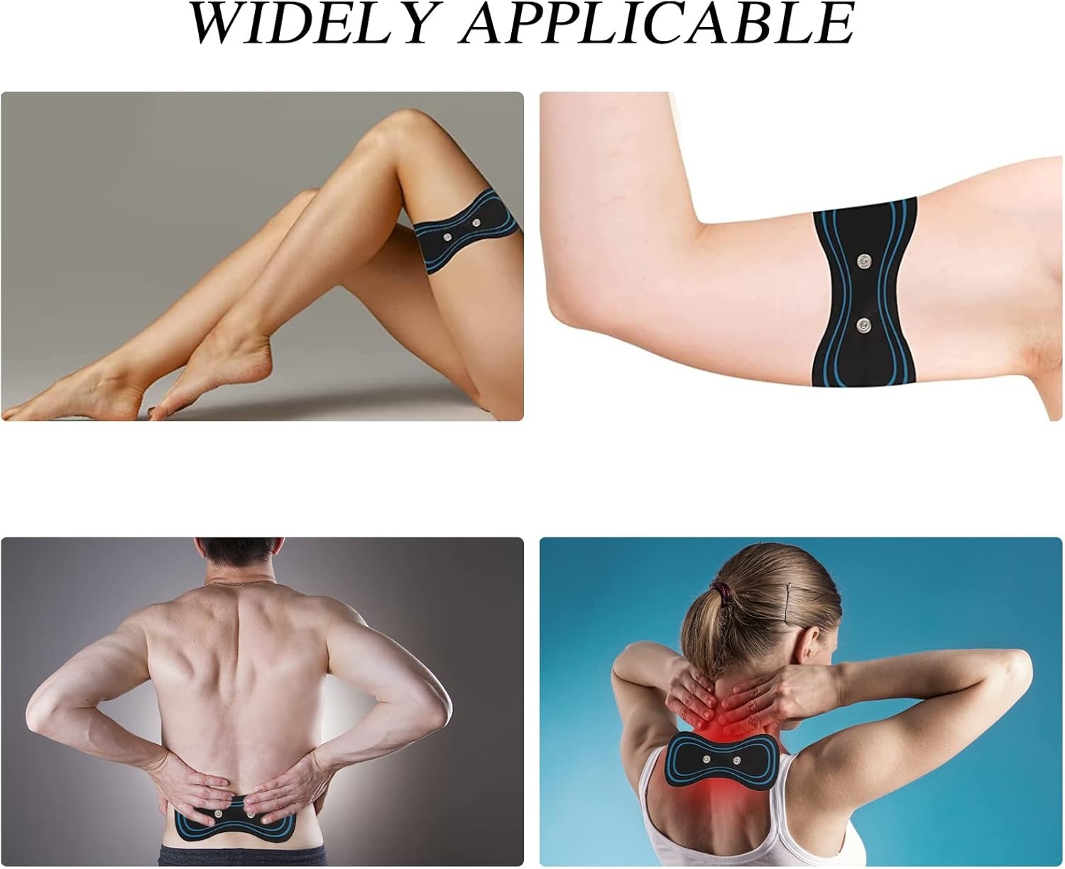 Parches Kinoki y masajedor aplicados en pierna, brazo, espalda y cuello para alivio muscular.