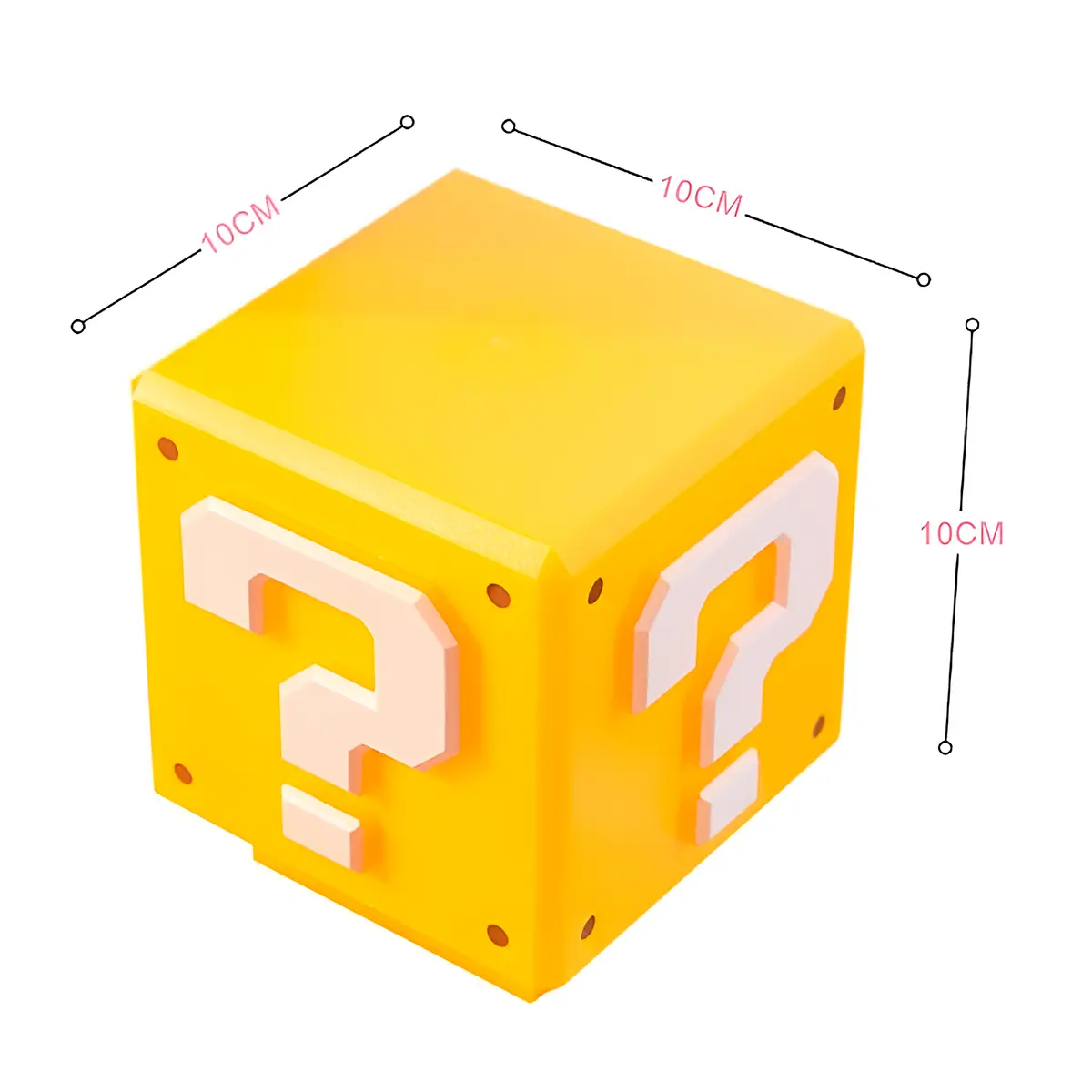 Cubo amarillo 10cm de Super Mario con signos de interrogación en relieve, luz LED y sonido, ideal para decoración.