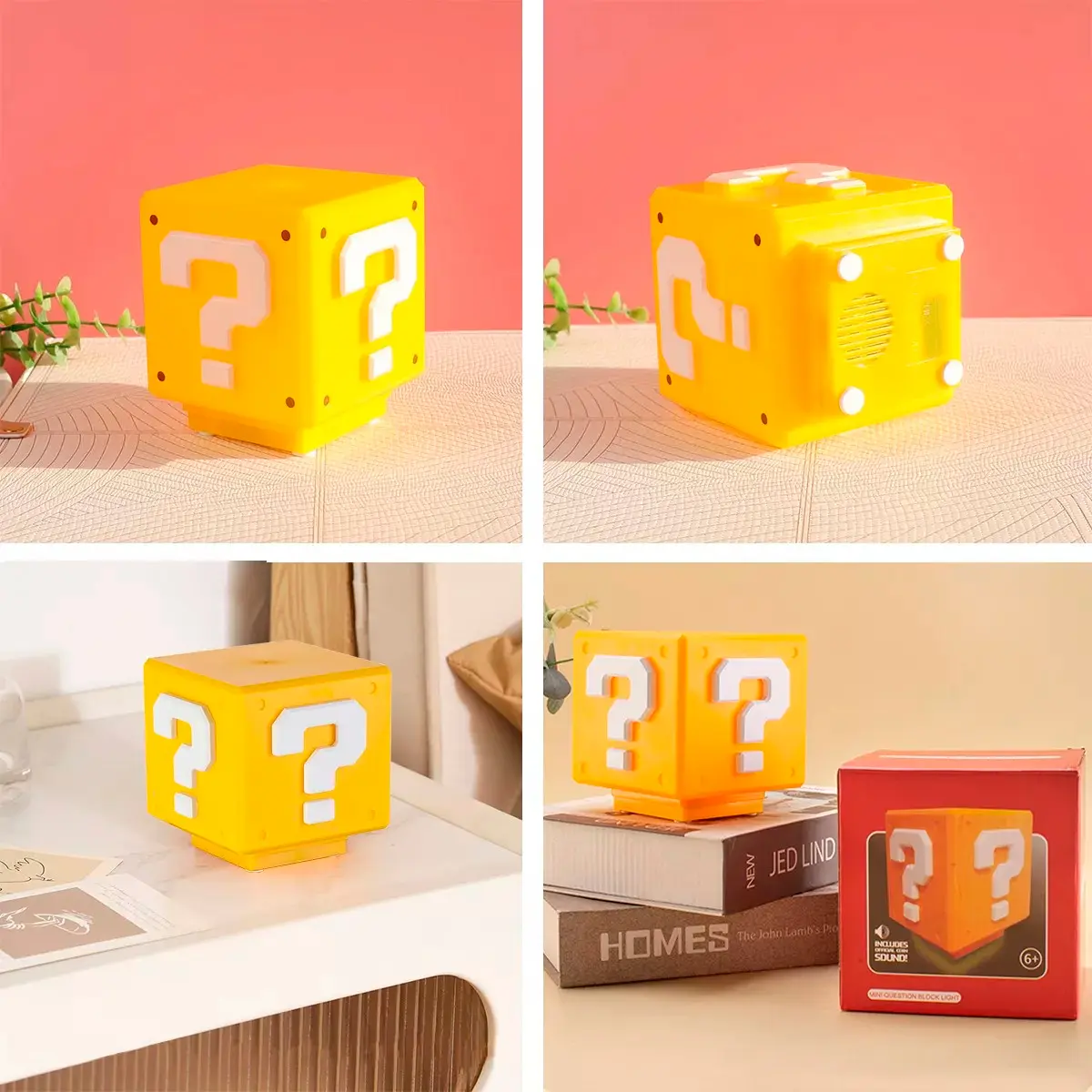 Lámpara LED USB con forma de bloque amarillo de Super Mario, incluye sonido y se ve en caja.
