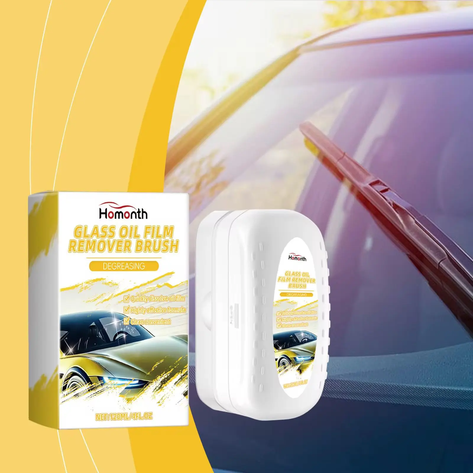 Limpiador de parabrisas Homonth en envase blanco con auto deportivo y cuchilla de limpiaparabrisas, 120ml.