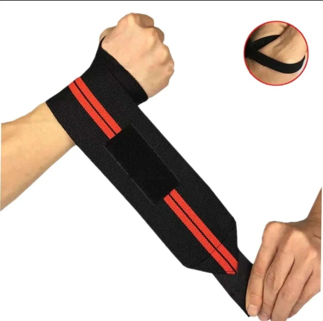 Muñequeras deportivas elásticas negras con líneas rojas, ajustables, para levantamiento de pesas.