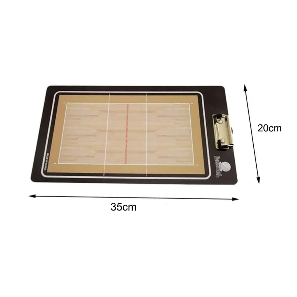 Tablero táctico PVC voleibol 35x20cm con diseño de cancha y clip.
