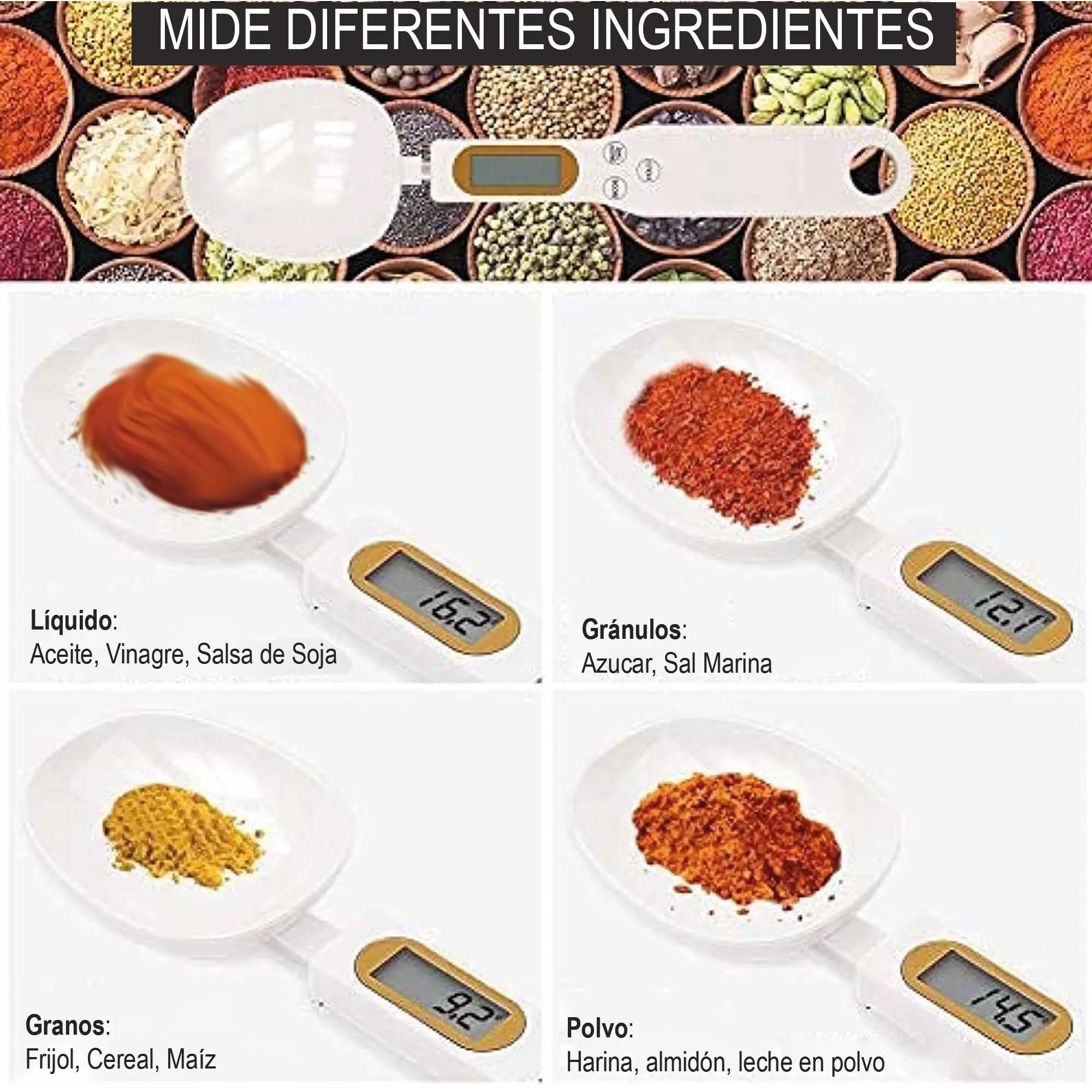 Cuchara balanza gramera digital mide líquidos, gránulos, granos y polvo, ideal para cocina.