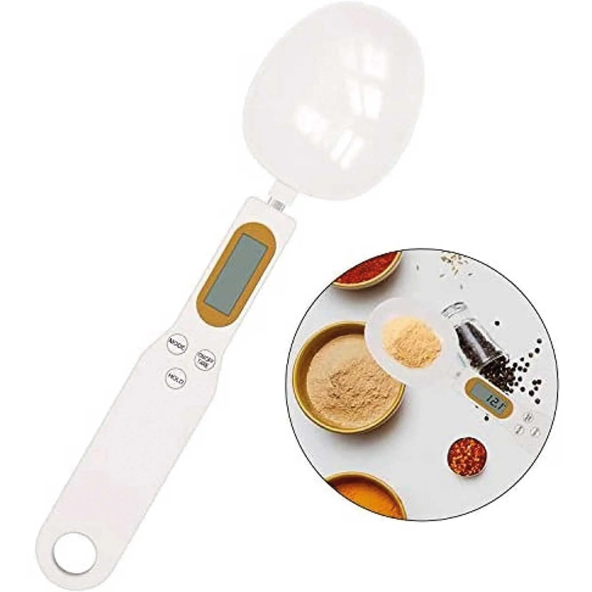 Cuchara báscula digital blanca para pesar ingredientes, con pantalla y botón de función en cocina.