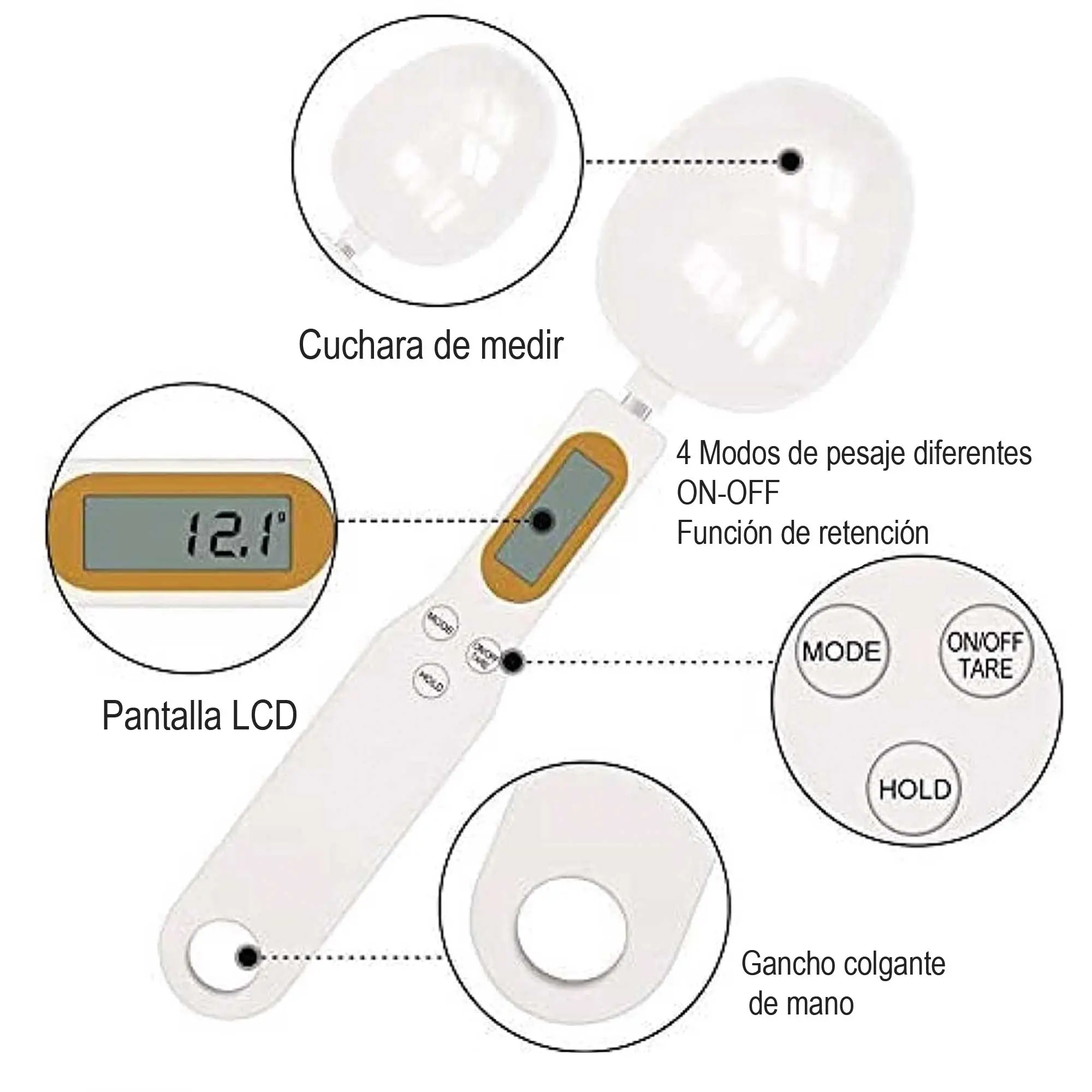 Cuchara balanza gramera digital con pantalla LCD, ideal para cocina.