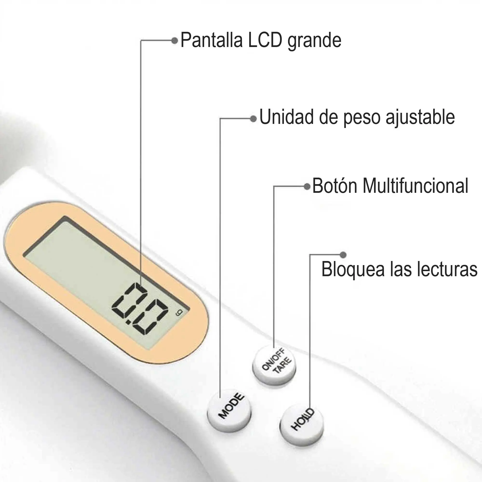 Cuchara balanza gramera digital blanca con pantalla LCD mostrando 0.0 g y botones de función.