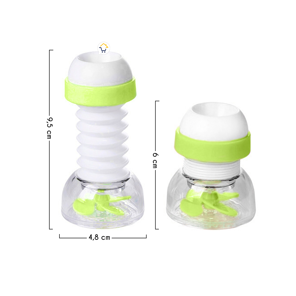 Set x2 ahorrador de agua flexible para grifo: uno alto 9.5cm y otro bajo 6cm, ambos con base transparente y aspas verdes.