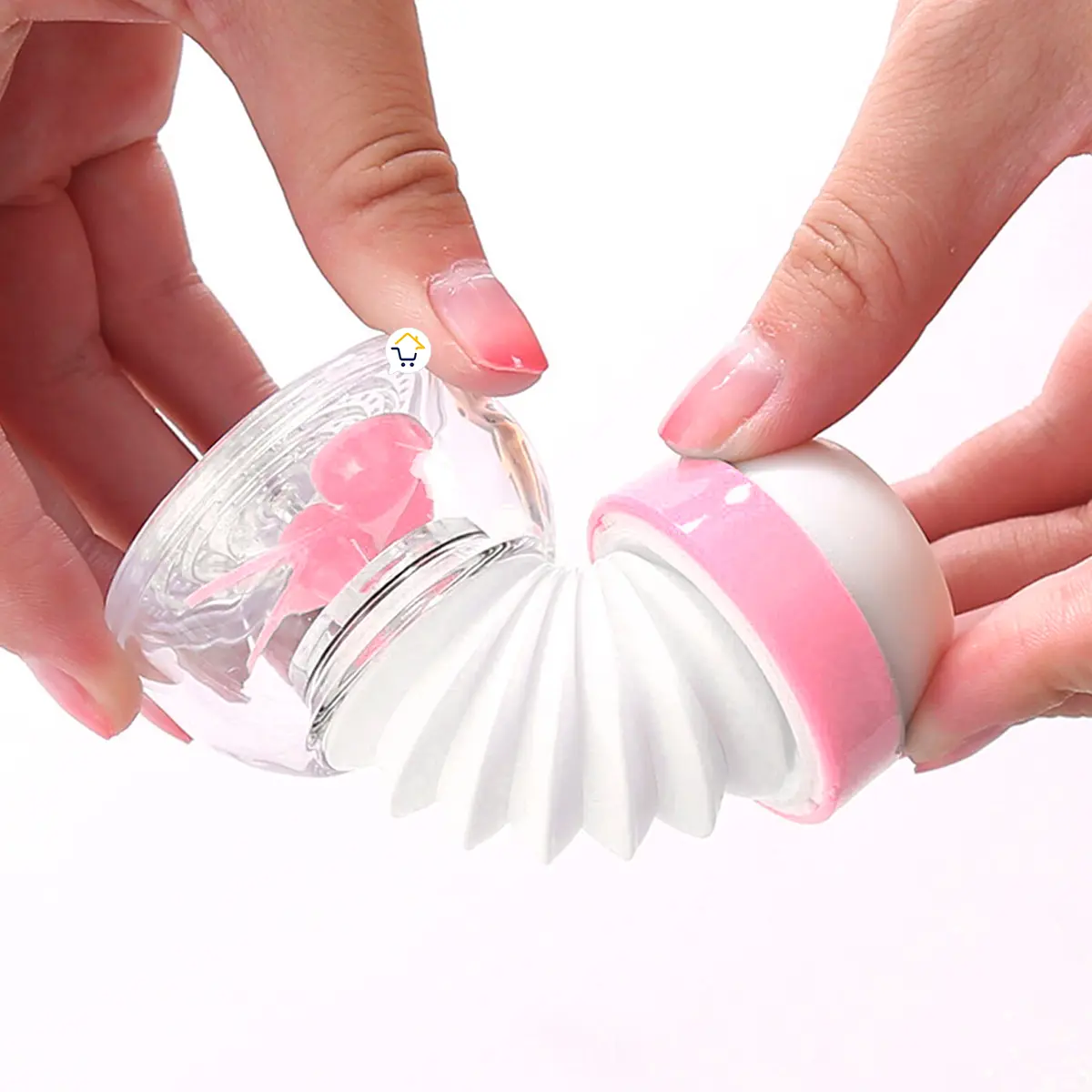 Ahorrador de agua flexible para grifo, blanco y rosa, con diseño plegable y detallado de flamenco.