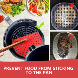 Protector de silicona rojo perforado para freidora de aire, que se coloca sobre la rejilla para evitar que los alimentos se peguen y facilitar la limpieza.