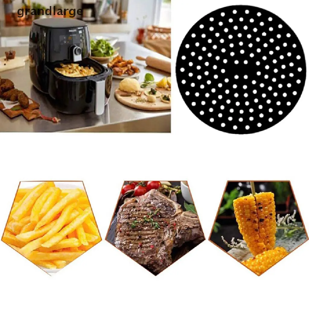 Protector de silicona negro perforado para freidora de aire, diseñado para evitar residuos y facilitar la limpieza en preparaciones como papas y carnes.