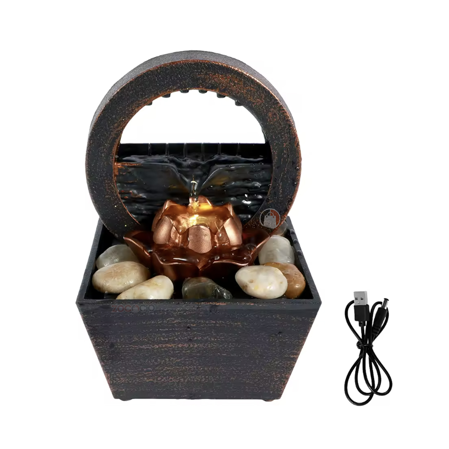 Mini fuente decorativa de resina con flor de loto dorada, luz LED amarilla y piedras, incluye cable USB.