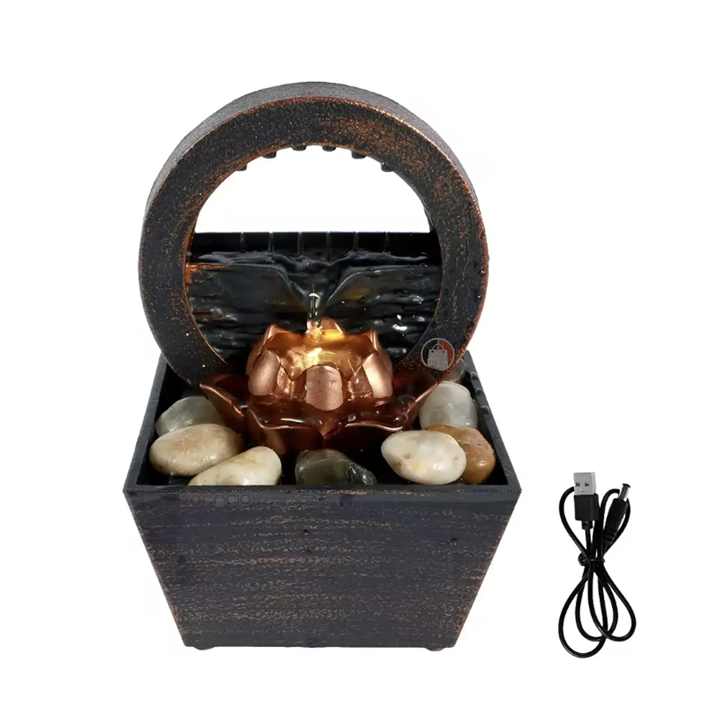 Mini fuente decorativa de resina con flor de loto dorada, luz LED amarilla y piedras, incluye cable USB.