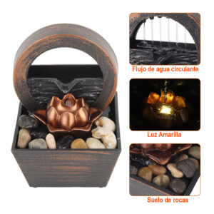 Mini fuente decorativa de flor de loto cobre con luz LED amarilla y piedras, ideal para crear ambiente relajante.