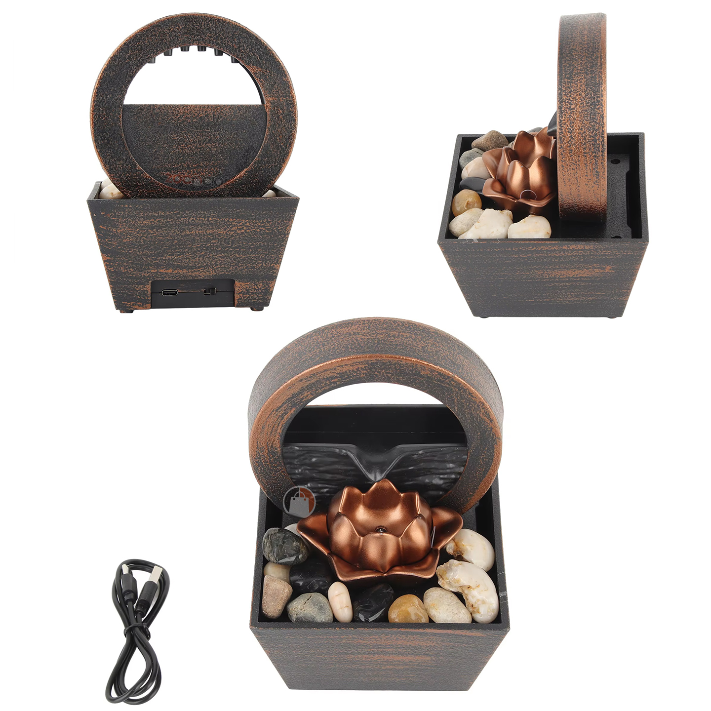 Mini fuente decorativa con flor de loto cobre, piedras y luz LED amarilla, incluye cable USB.