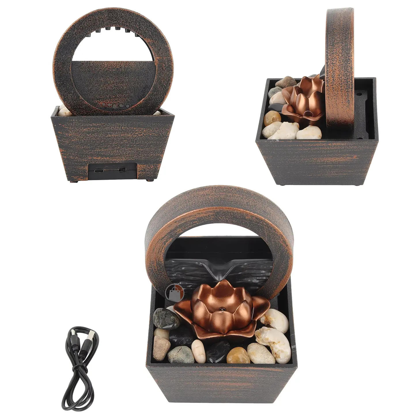 Mini fuente decorativa con flor de loto cobre, piedras y luz LED amarilla, incluye cable USB.