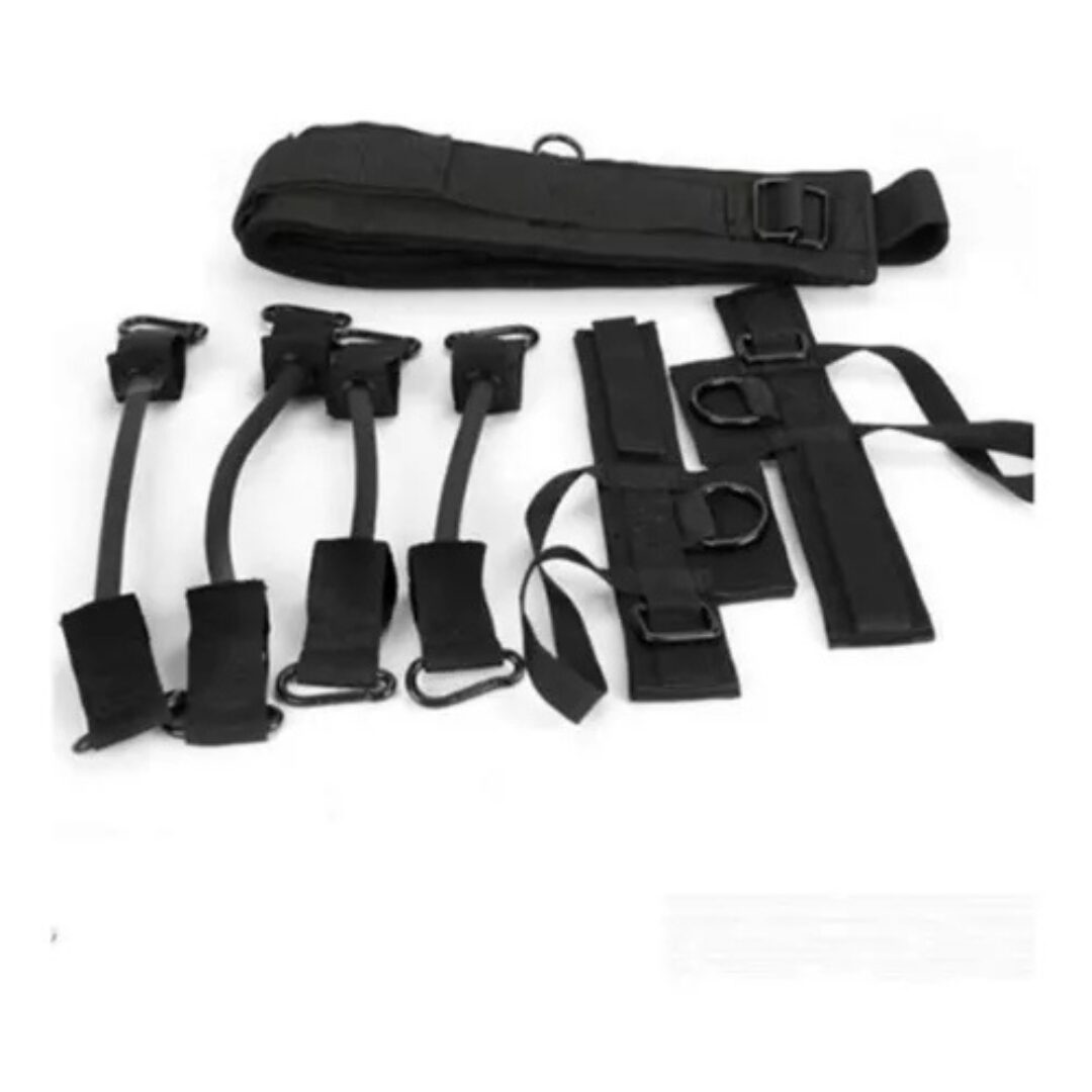 Conjunto negro de bandas de resistencia elástica para entrenamiento de saltos, con correas y agarres ajustables para ejercicios de extremidades.