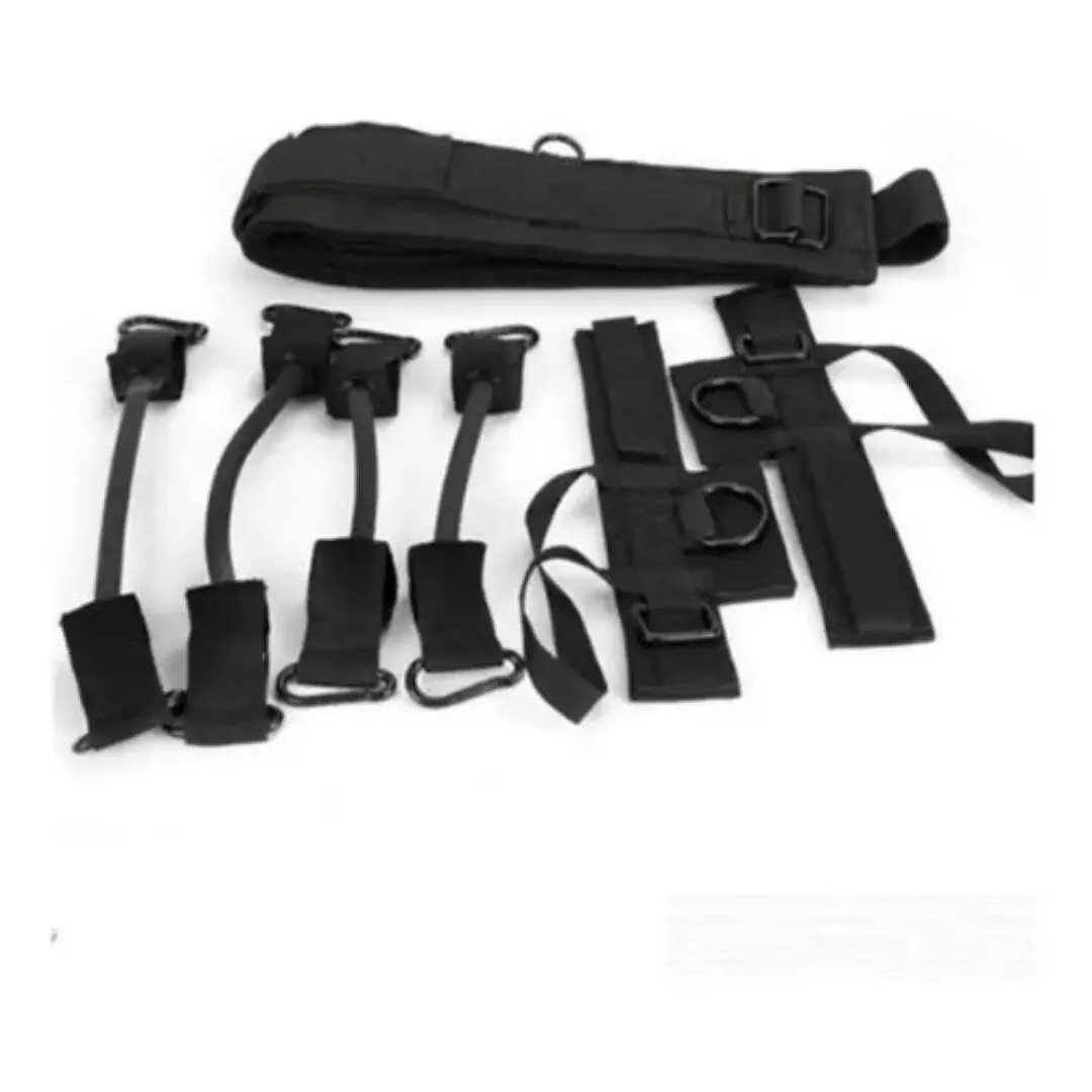 Conjunto negro de bandas de resistencia elástica para entrenamiento de saltos, con correas y agarres ajustables para ejercicios de extremidades.