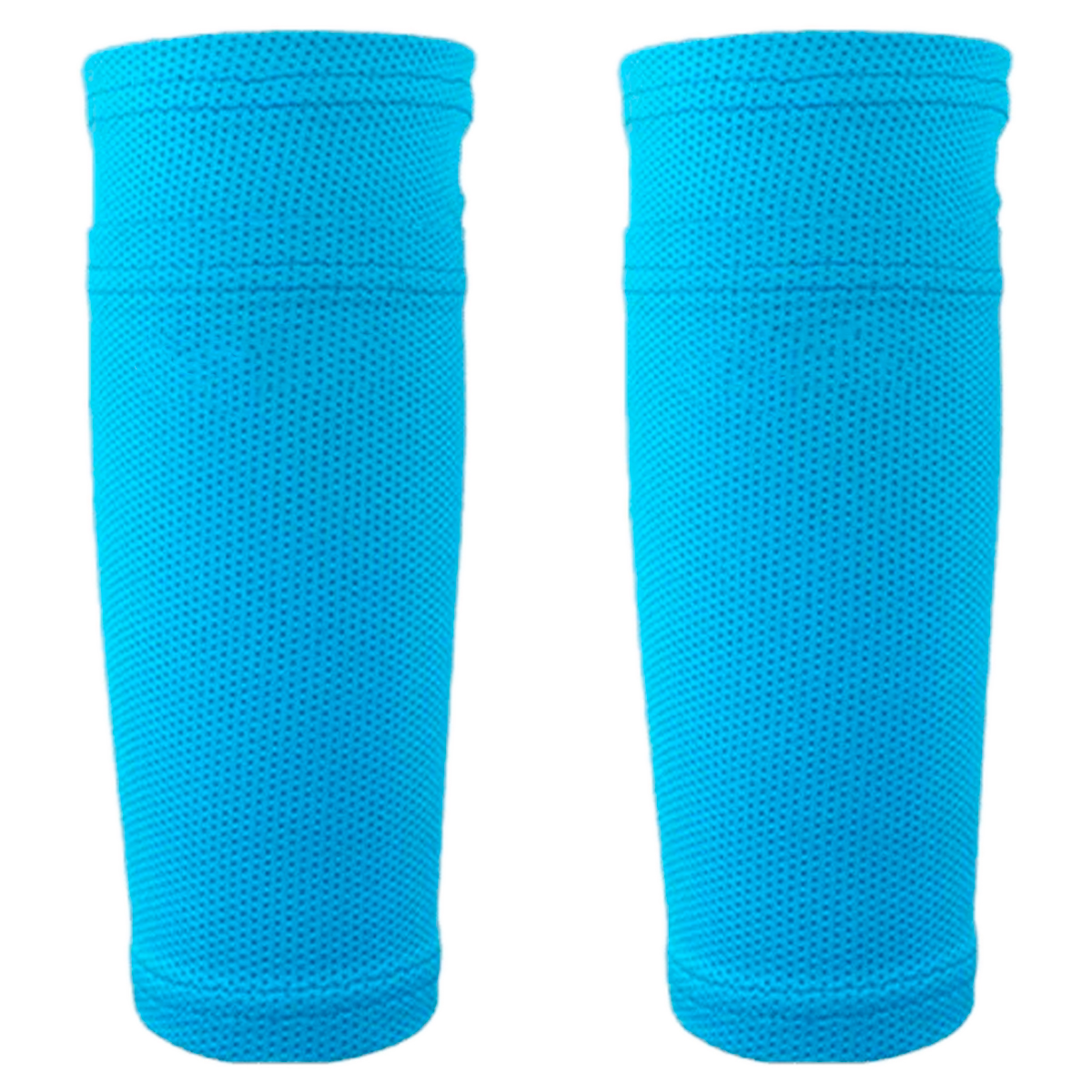 Dos medias de fútbol color azul vibrante, con textura de microfibra y banda elástica superior, ideales para usar porta canilleras.