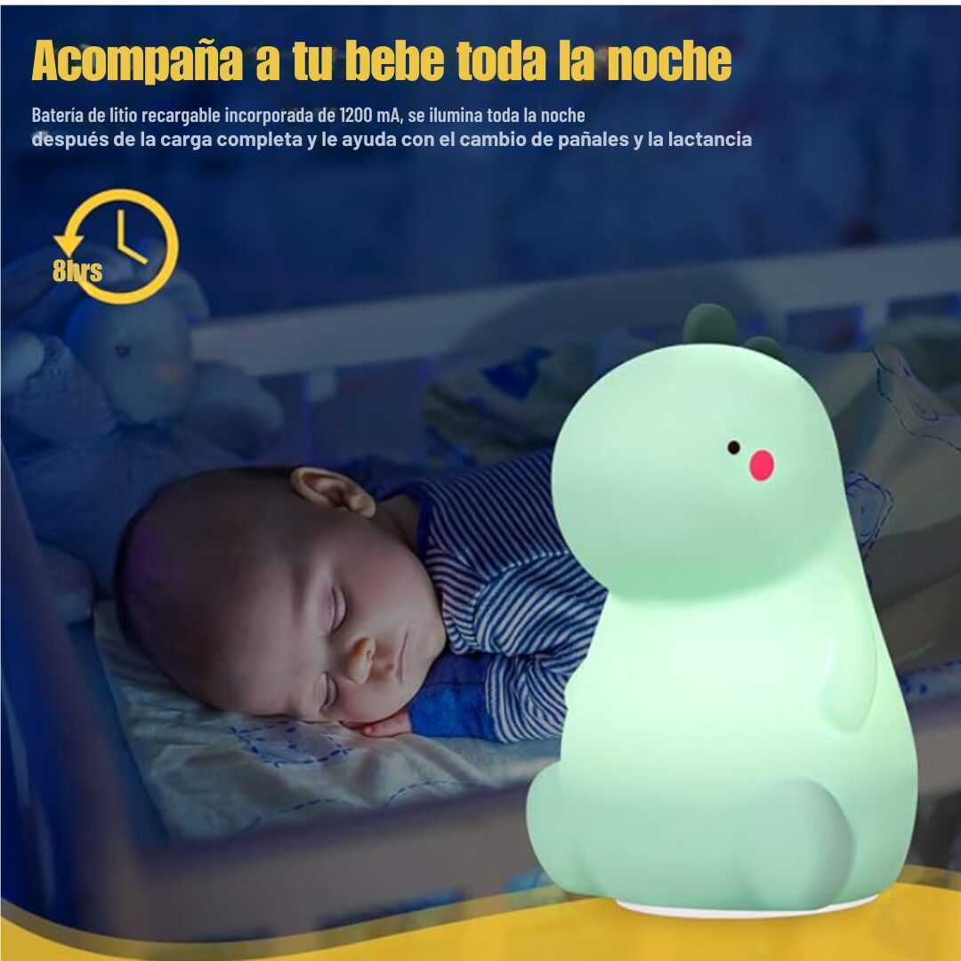 Lámpara nocturna de silicona suave en forma de dinosaurio verde, con batería recargable de 1200 mAh para acompañar el sueño y cuidado del bebé.