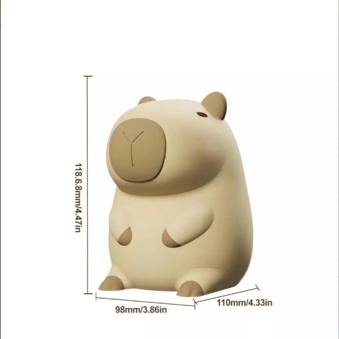Lámpara de silicona suave en forma de capibara color beige, con dimensiones de 118.6mm de alto, 98mm de ancho y 110mm de profundidad.