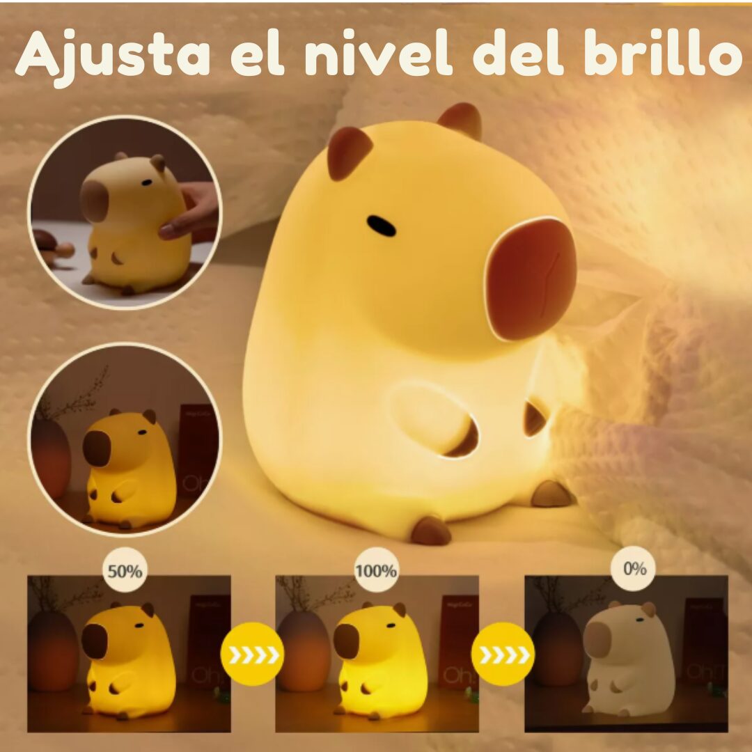 Lámpara infantil de silicona con forma de capibara y luz cálida ajustable, mostrando niveles de brillo al 0%, 50% y 100% en distintos entornos domésticos.