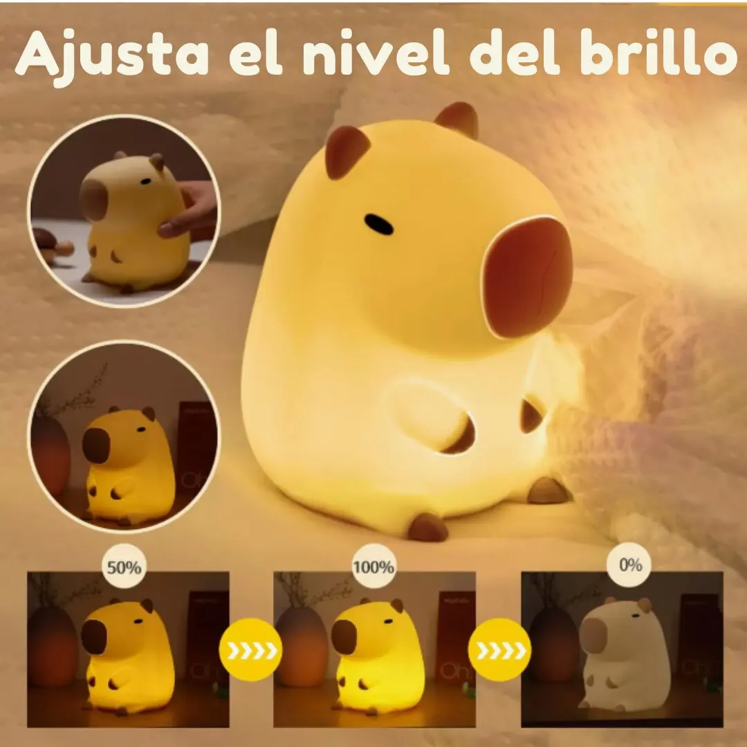 Lámpara infantil de silicona con forma de capibara y luz cálida ajustable, mostrando niveles de brillo al 0%, 50% y 100% en distintos entornos domésticos.