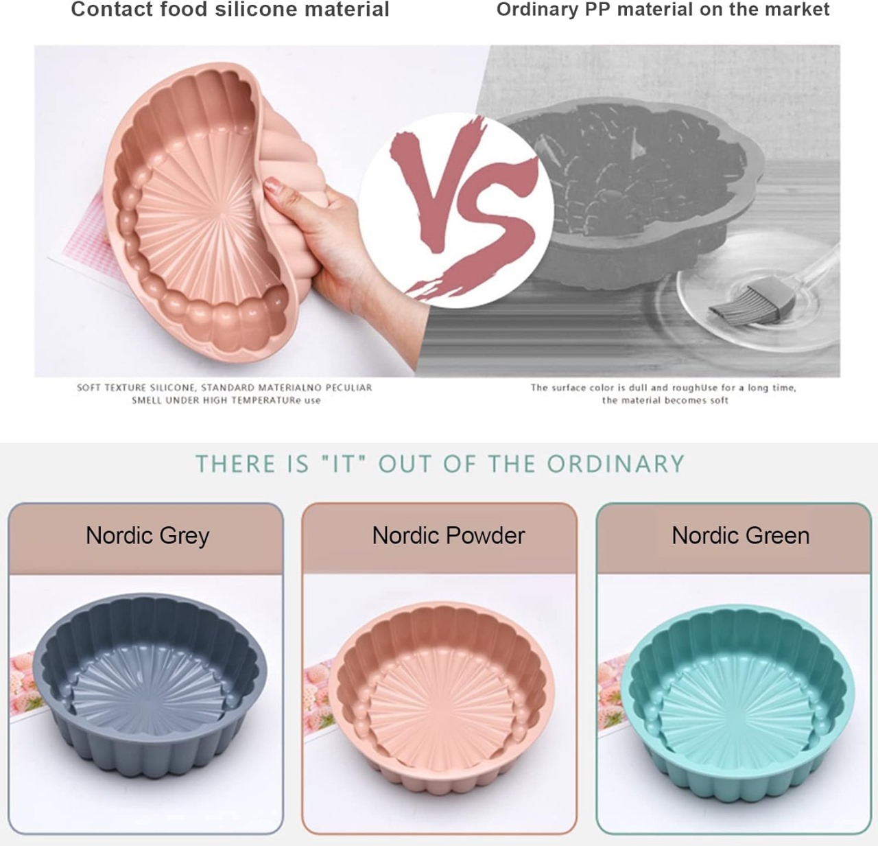 Molde de silicona flexible para repostería, disponible en colores gris, rosa y verde, diseñado para hornear tortas y gelatinas sin que se peguen.