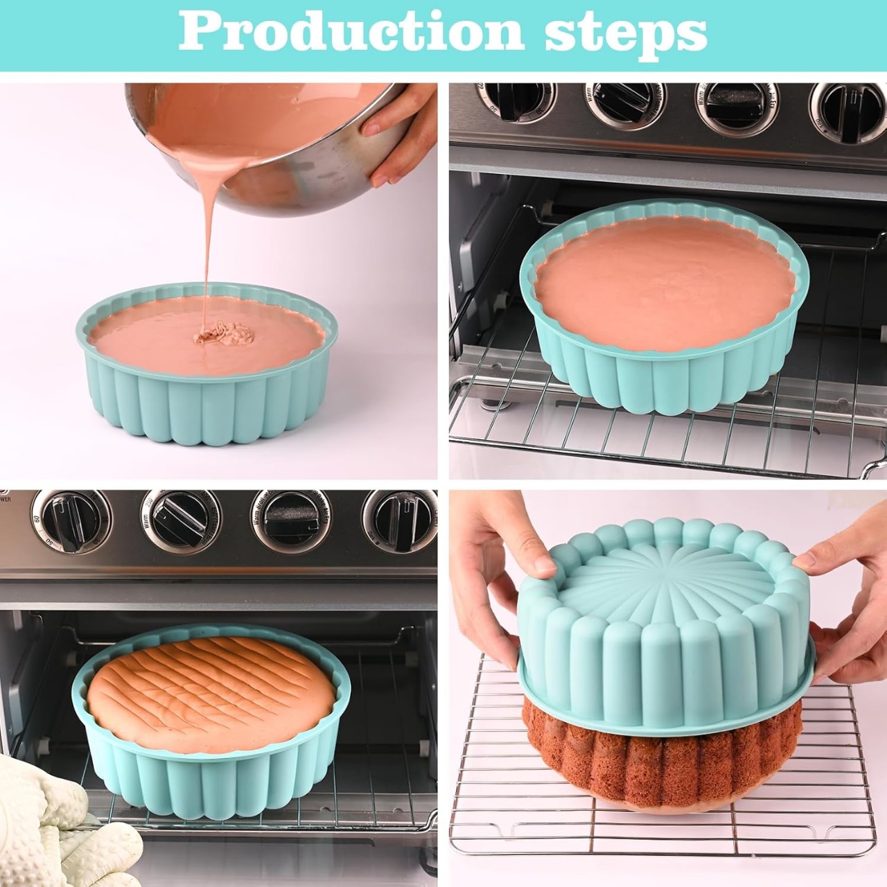 Molde de silicona azul turquesa para repostería, mostrando el proceso paso a paso: vertido de mezcla, horneado en horno y desmolde de torta cocida.