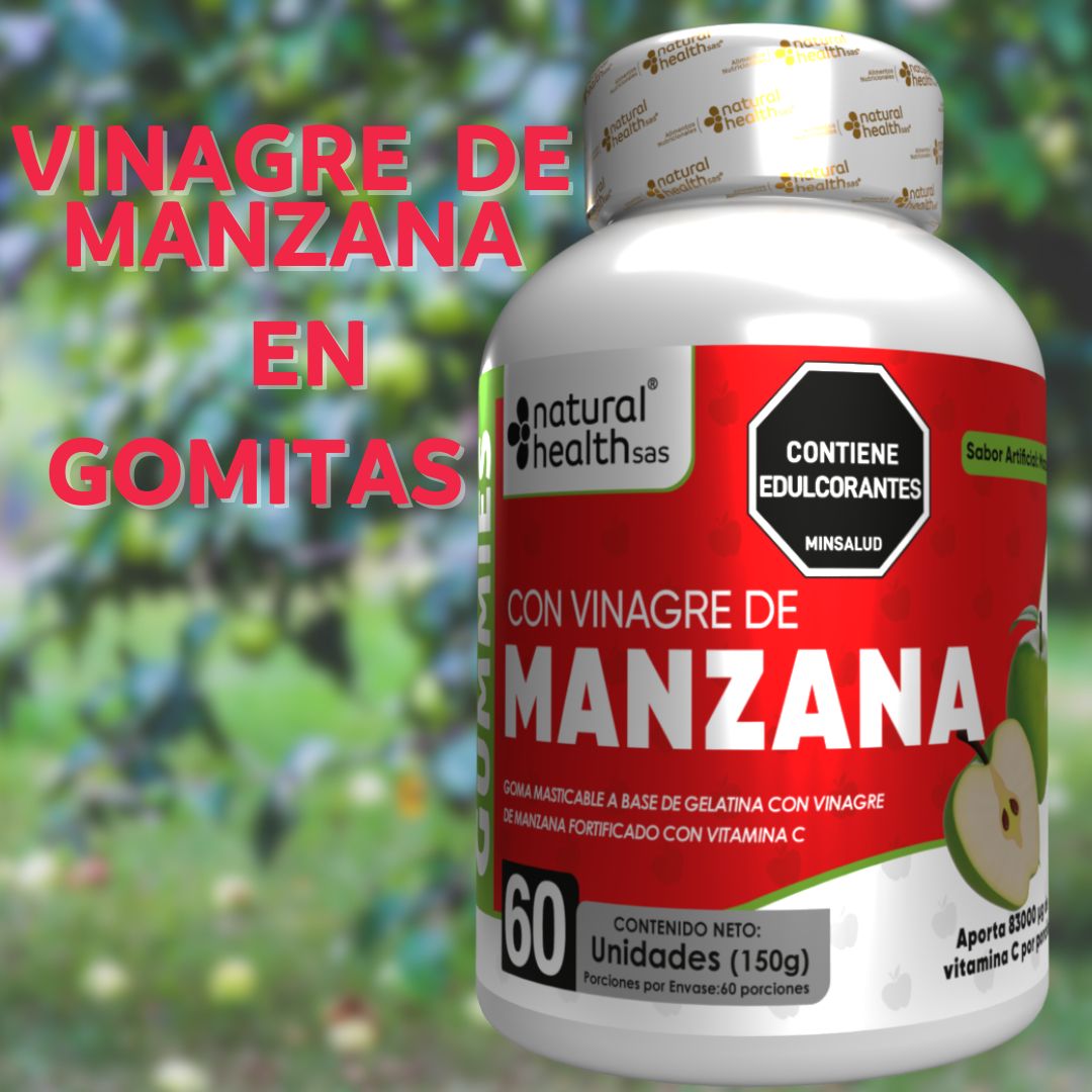 Gomitas de vinagre de manzana en frasco blanco con etiqueta roja, 60 unidades, con Vitamina C.