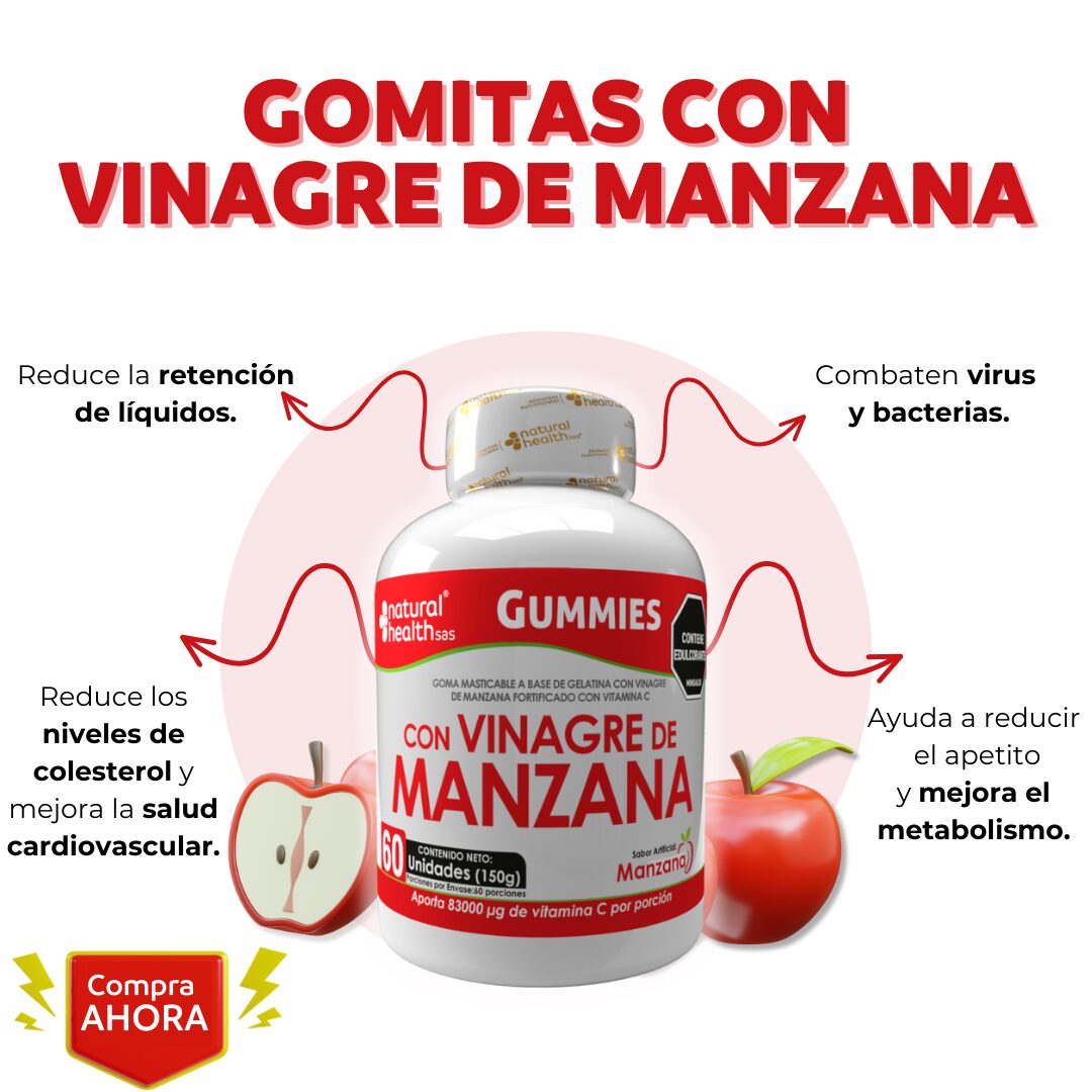 Gomitas de vinagre de manzana con vitamina C, frasco blanco con etiqueta roja, 60 unidades, sabor manzana.