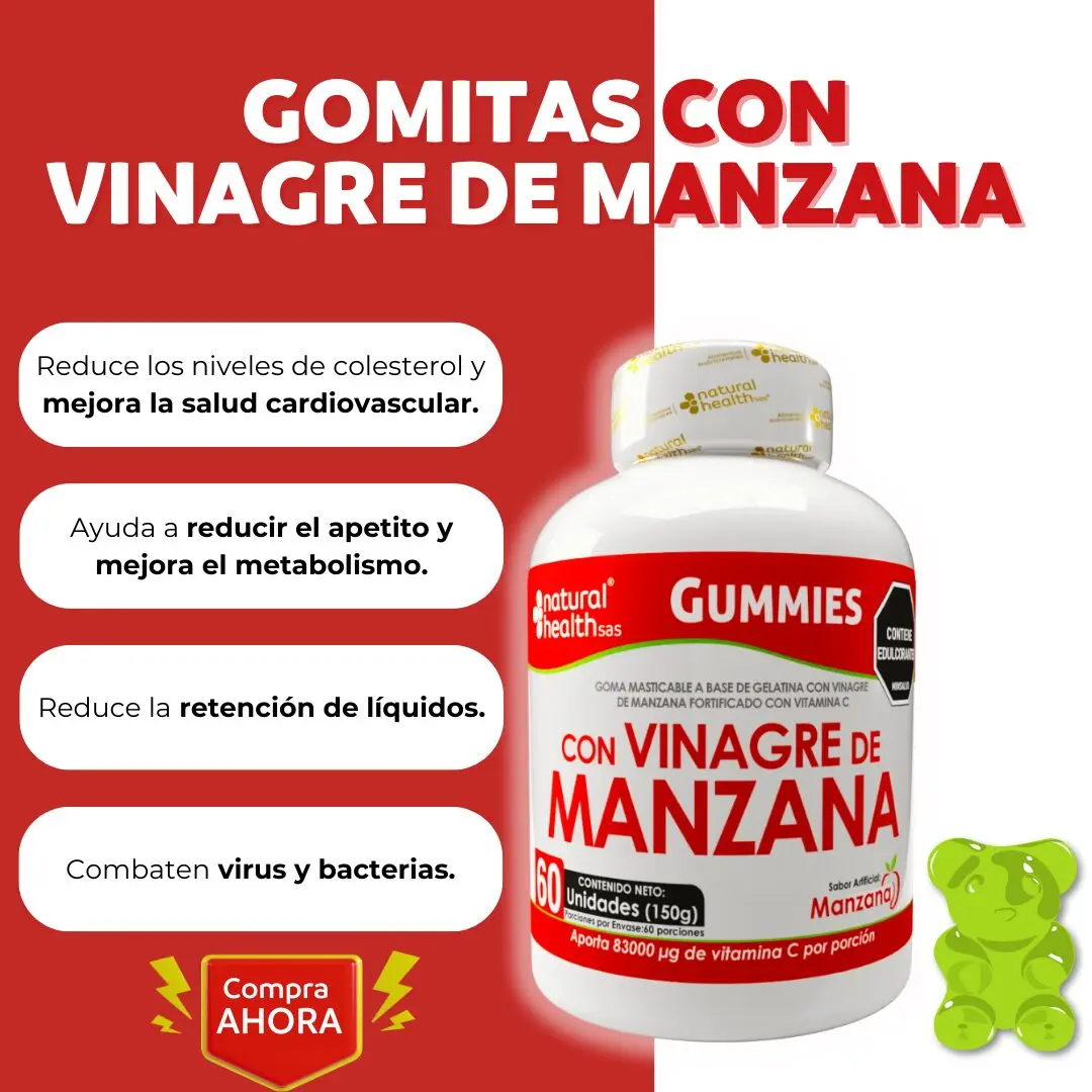 Gomitas de vinagre de manzana con vitamina C, 60 unidades, para bienestar digestivo y cardiovascular.