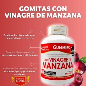 Gomitas de vinagre de manzana con vitamina C, 60 unidades, apoya digestión y bienestar.