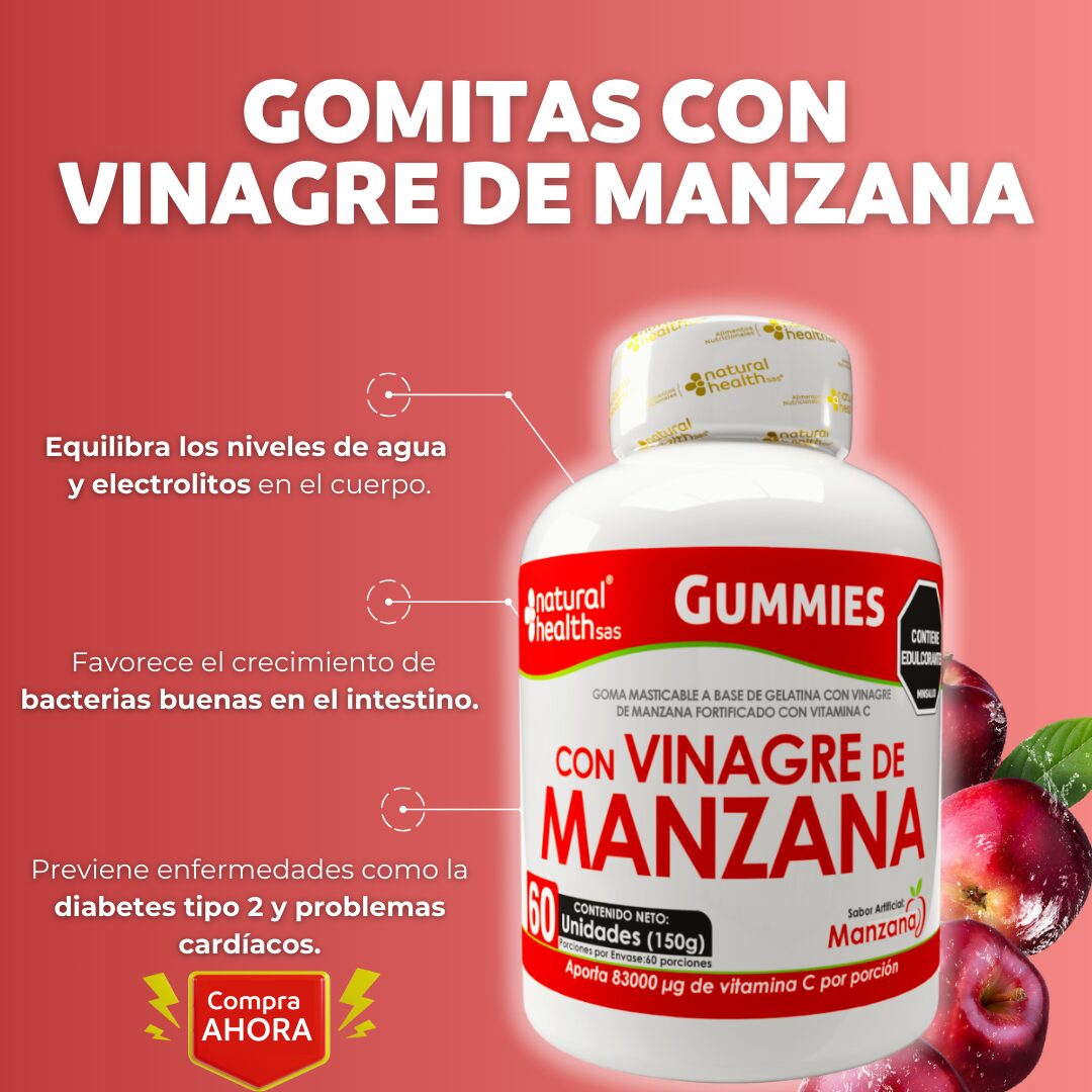 Gomitas de vinagre de manzana con vitamina C, 60 unidades, apoya digestión y bienestar.