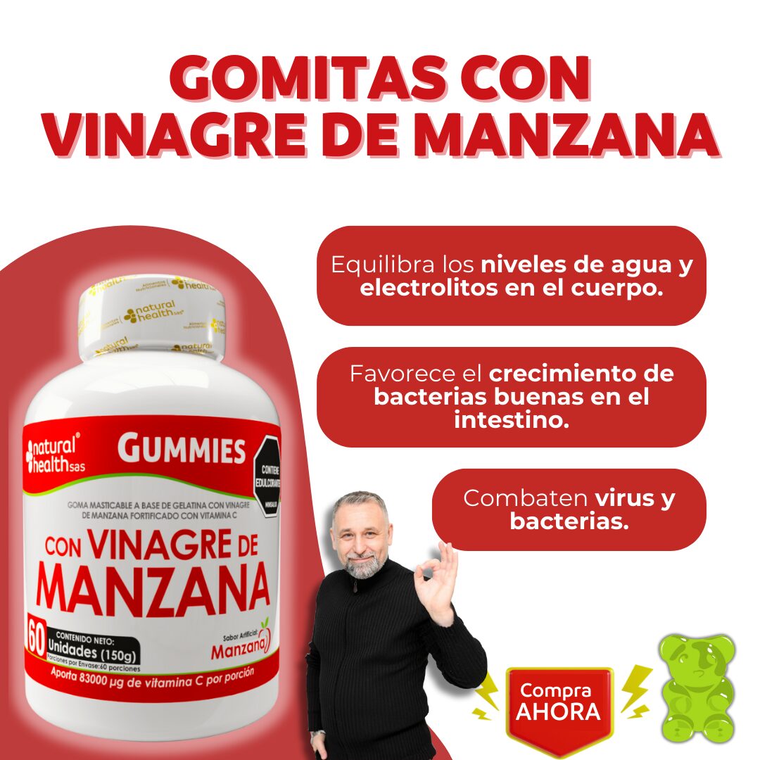 Gomitas de vinagre de manzana con vitamina C, frasco blanco 60 unidades, para apoyar digestión y bienestar.