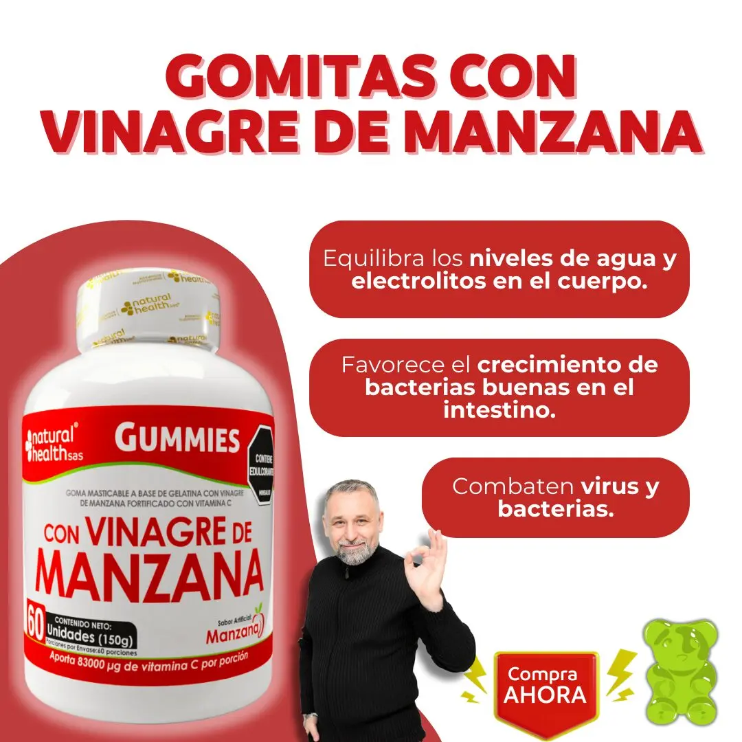 Gomitas de vinagre de manzana con vitamina C, frasco blanco 60 unidades, para apoyar digestión y bienestar.