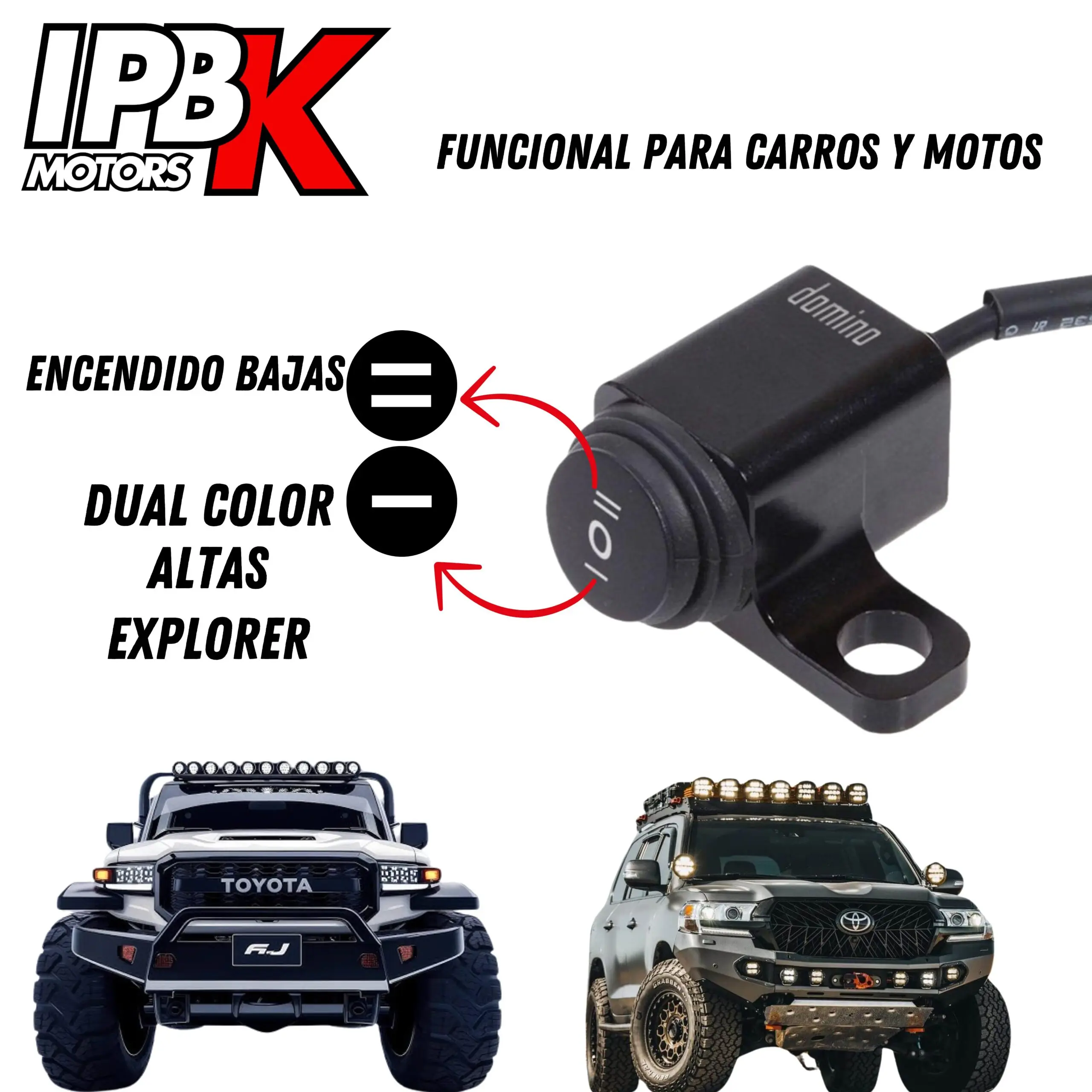 Mando interruptor Domino para exploradoras led, luz baja y alta, doble color, con vehículos 4x4 Toyota FJ y Land Cruiser.