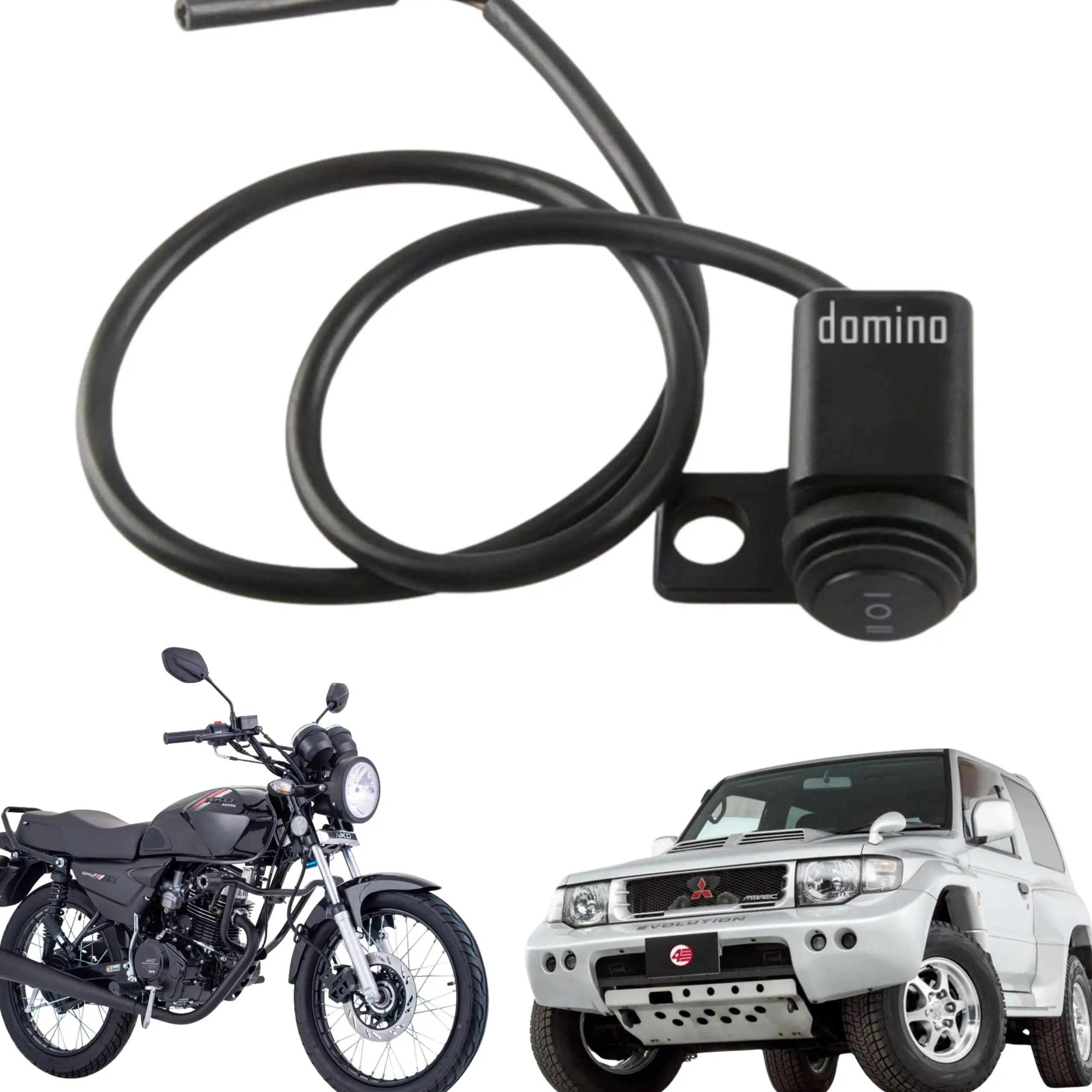 Mando interruptor Domino para exploradora LED, con cable y accesorios, junto a motocicleta y camioneta 4x4.