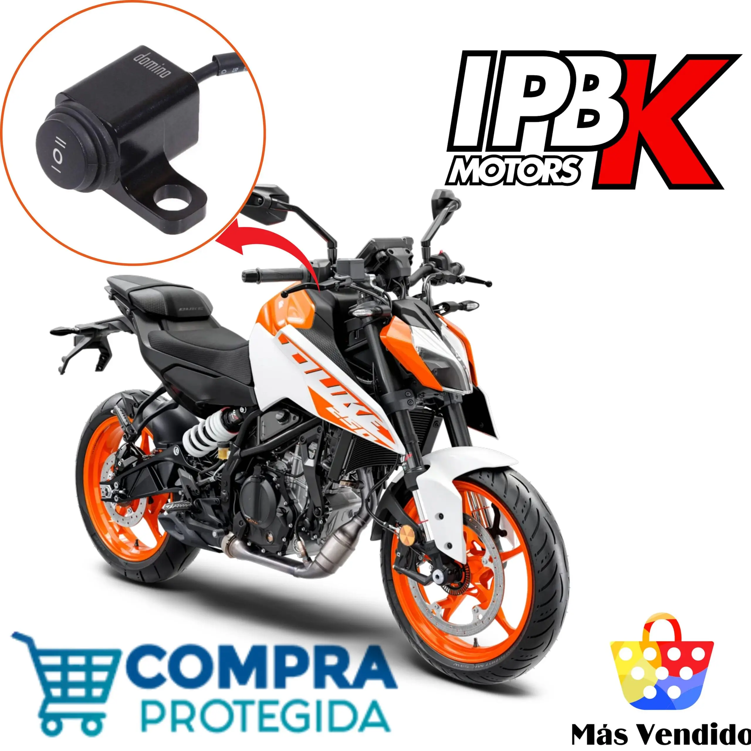 Mando interruptor Domino para exploradora led, negro, con logo y palanca ON/OFF, sobre motocicleta naranja y blanca.