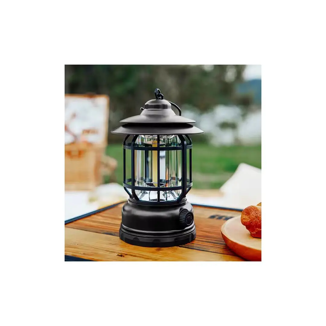 Lámpara de camping LED negra estilo retro, con asa y regulador de intensidad, ideal para exteriores.