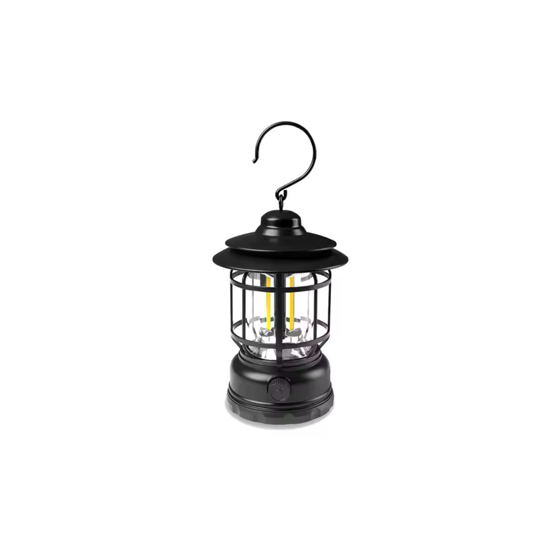 Lámpara de camping LED negra estilo retro con gancho, dos bombillas amarillas visibles, ideal para exteriores.