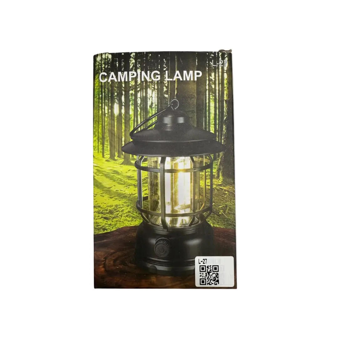 Lámpara de camping LED negra estilo retro, con luz cálida, ideal para exteriores.