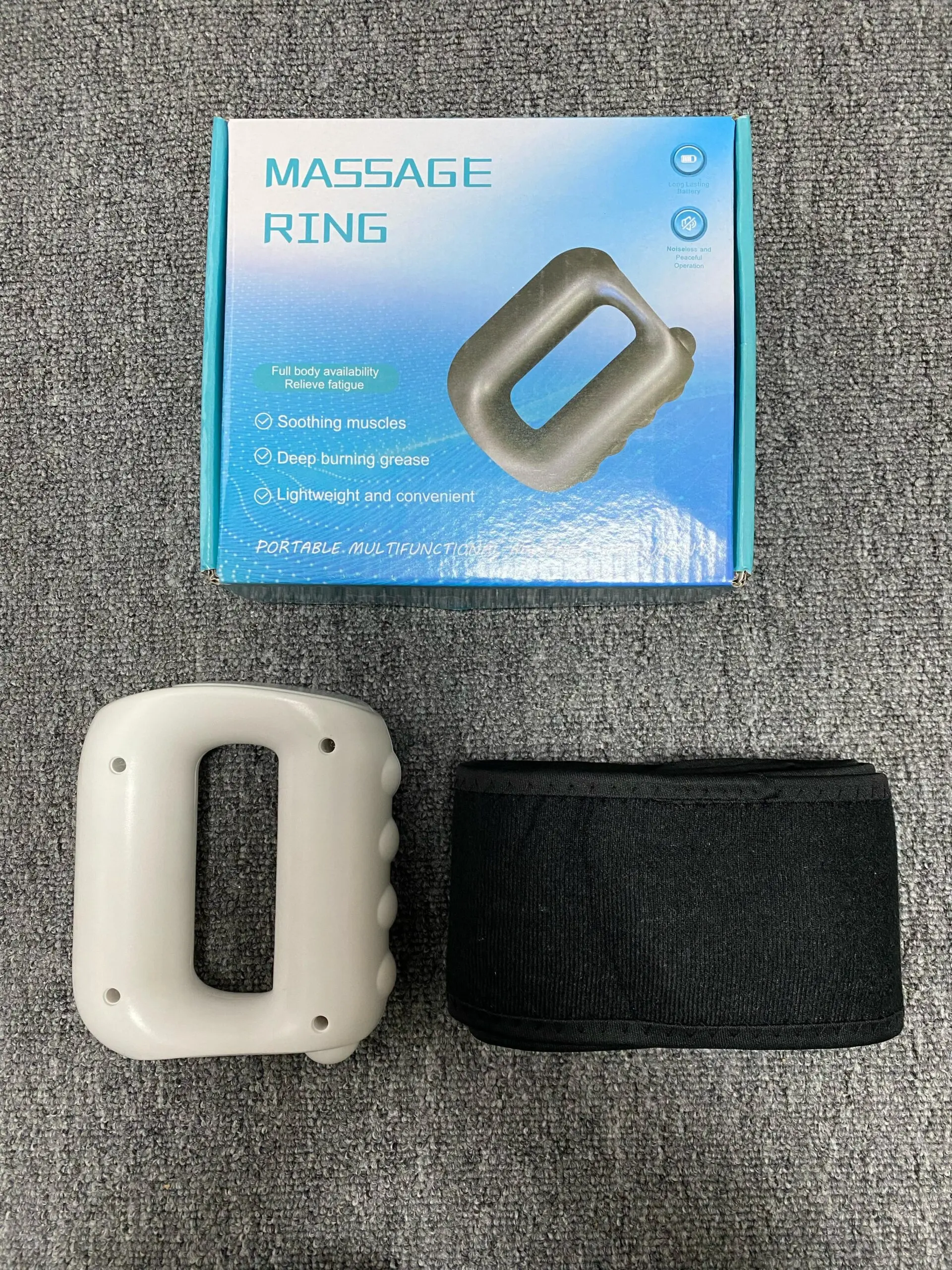 Anillo masajeador corporal blanco y cinturón negro, ideal para aliviar fatiga y quemar grasa.
