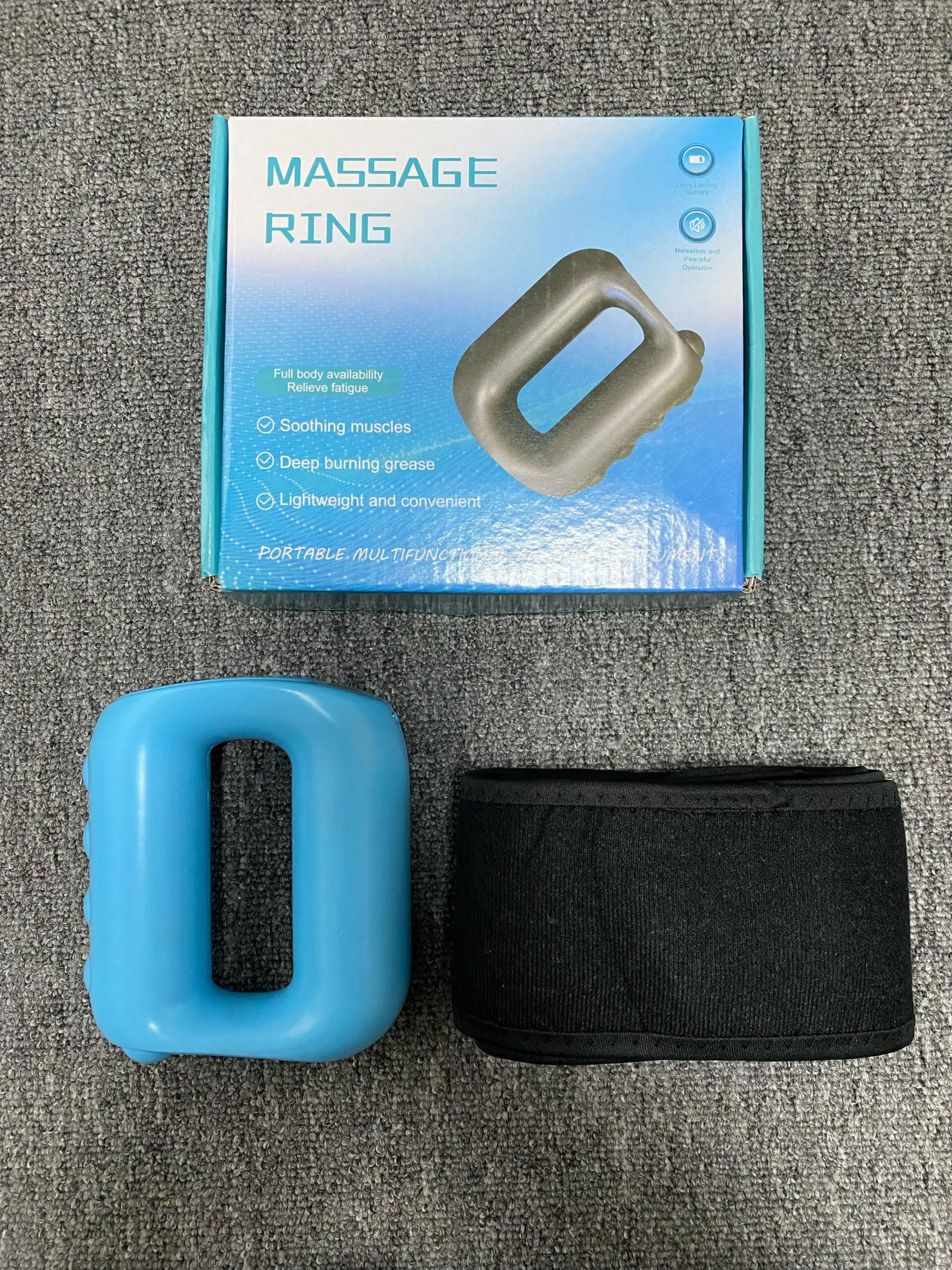 Anillo masajeador corporal azul con cinturón negro de tela para aliviar fatiga y músculos.