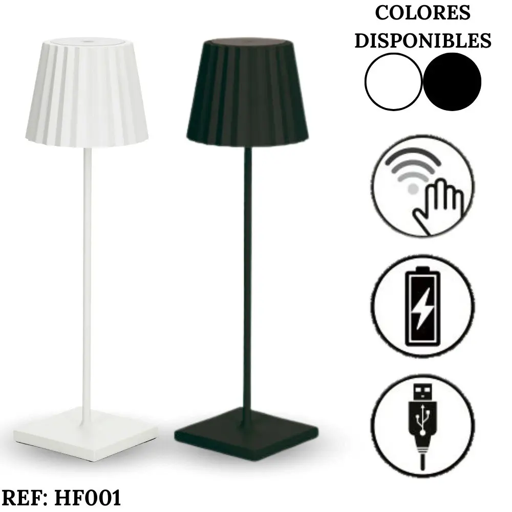 Lámpara LED recargable HF001 de diseño moderno con pantalla plisada, disponible en blanco o negro, incluye iconos de control táctil y carga USB.