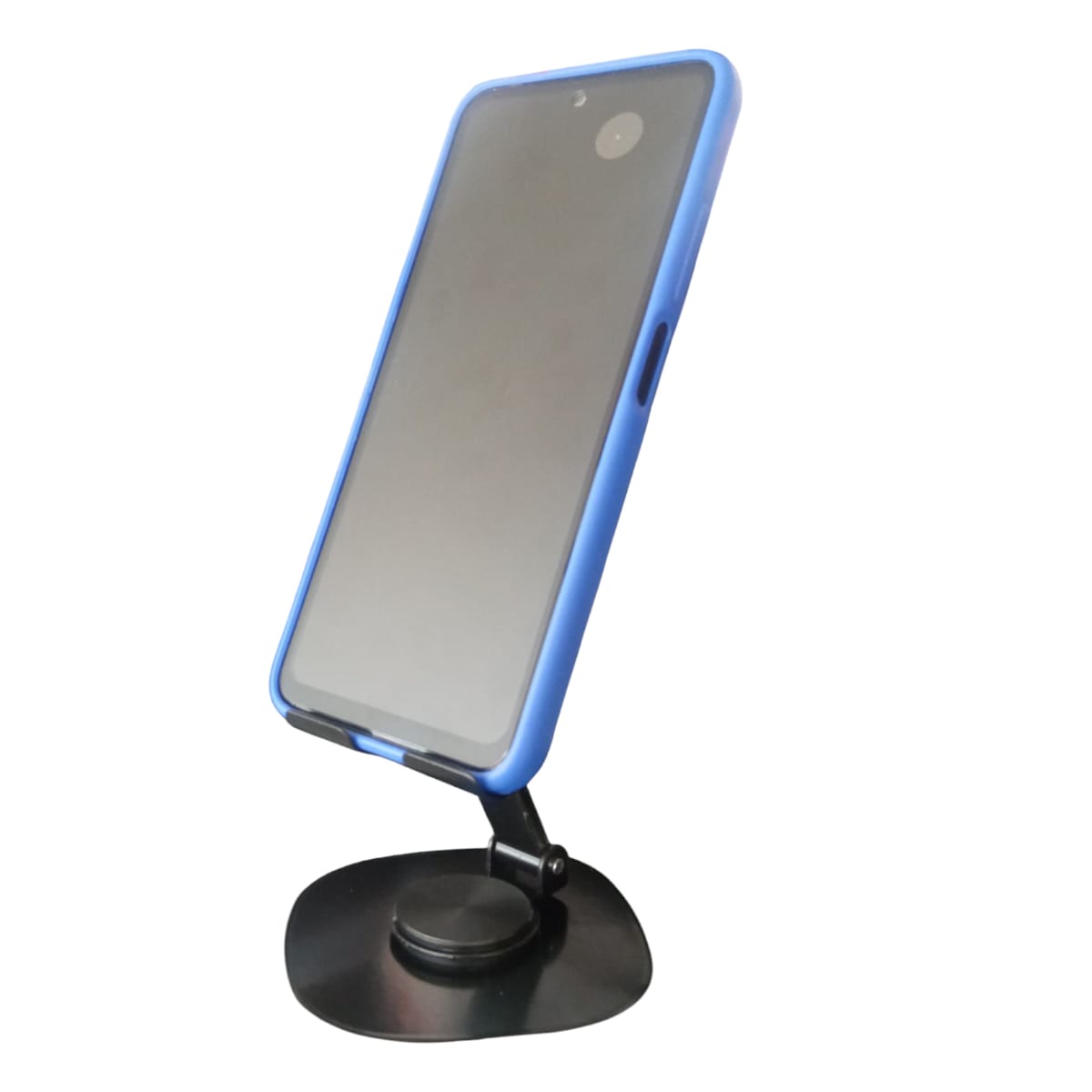 Soporte para celular azul, ajustable, con base negra para escritorio.