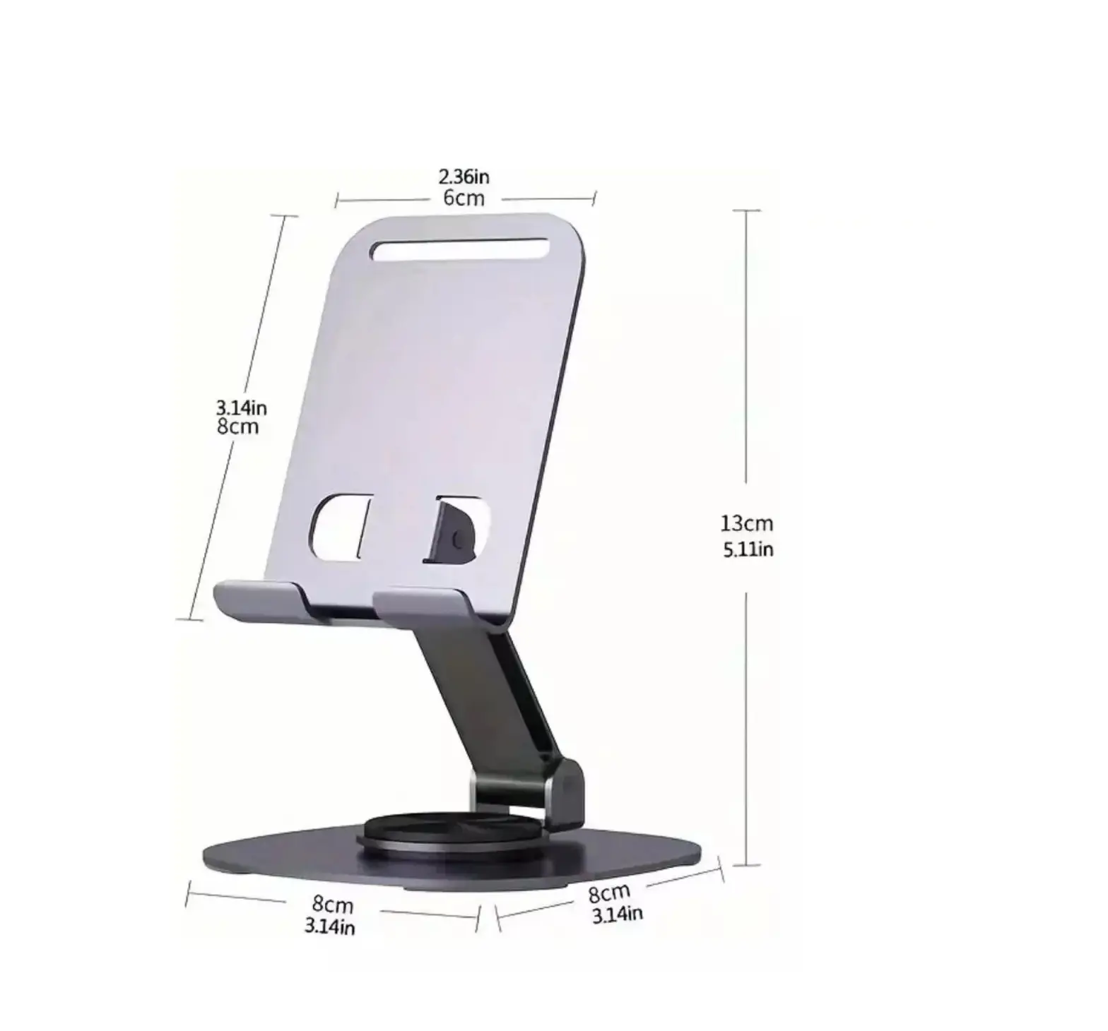 Soporte de celular plateado metálico para escritorio, ajustable, con medidas indicadas.